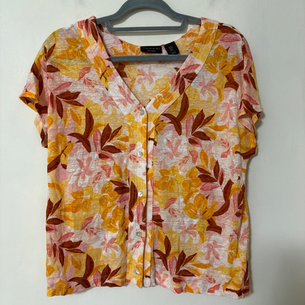 Tahari Womens Medium Short Sleeve Linen Button Up Top‎ Colorful Floral Print